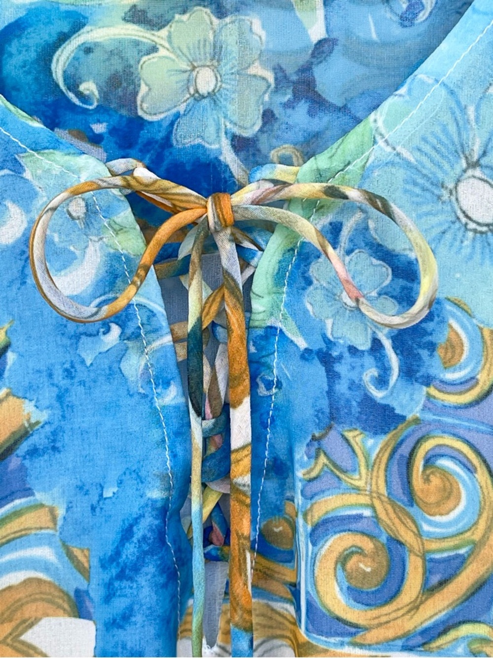 V Cristina Chiffon Boho Tunic Blouse Tie Neck Mediterranean Print Bell Sleeve - Picture 4 of 13